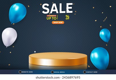 sale discount template banner with blank space 3d podium for product sale with abstract gradient blue and black background design