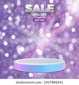 sale discount template banner with blank space 3d podium for product sale with abstract gradient blue and purple background design