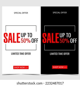 Sale and discount vector banner in strict minimalist style with red text on white or black background. Poster, leaflet, flyer, brochure or booklet for special offer promotion and advertisement.