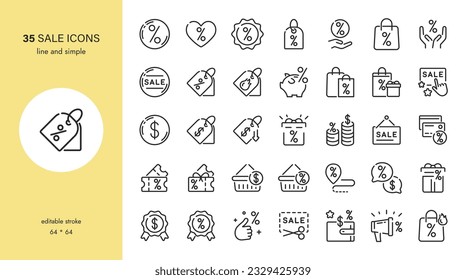 Sale and Discount Vector Icons Set. From Price Tags to Hot Offers, Saved Money, Shopping Baskets, Extra Gifts, and More. Editable Stroke Collection.