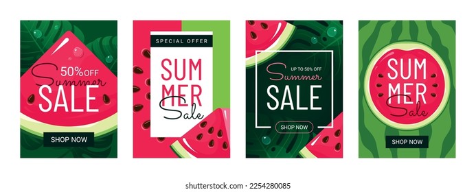 Sale discount watermelon shopping promo card landing page set vector isometric illustration. Summer seasonal clearance announcement web advertising business price off exotic vitamin fruit design