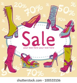 Sale discount woman shoes invitation card on seamless background