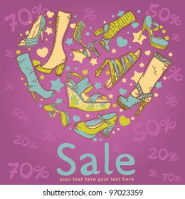 Sale discount woman shoes invitation card on colorful background