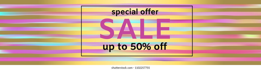 Sale. Discounts. The announcement. Colorful background. Vector. Gold stripes. Purple. Turquoise.