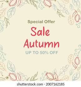 Sale, discounts autumn, spring, summer. 50%. Special offer. Discount on the background of leaves and flowers in light, pastel colors, tone
