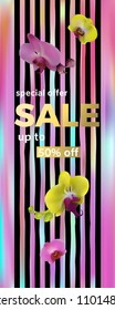 Sale. Discounts. Banner. The announcement. Marketing. Shopping. Bright. Multicolored. Vertical. Orchid. Tropical flowers. Pink. Turquoise. Purple. Strips. Yellow.
