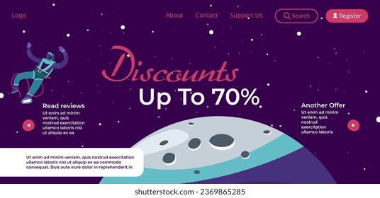 Sale and discounts for clients, offers up to seventy percent for customers. Cosmos and astronaut floating in space, moon or planet. Website landing page template, online site vector in flat style
