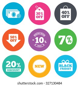 Sale discounts icon. Shopping, black friday and cash money signs. 10, 20, 50 and 70 percent off. Special offer symbols. Flat circle buttons. Vector