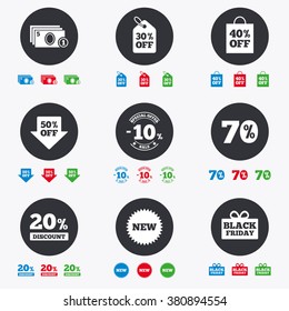 Sale discounts icon. Shopping, black friday and cash money signs. 10, 20, 50 and 70 percent off. Special offer symbols. Flat circle buttons with icons.