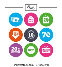 Sale discounts icon. Shopping, black friday and cash money signs. 10, 20, 50 and 70 percent off. Special offer symbols. Classic simple flat icons. Vector