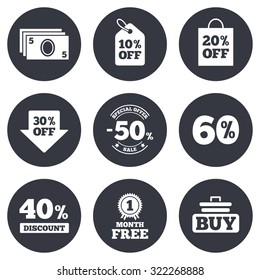 Sale discounts icon. Shopping cart, buying and cash money signs. 40, 50 and 60 percent off. Special offer symbols. Gray flat circle buttons. Vector