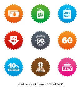 Sale discounts icon. Shopping cart, buying and cash money signs. 40, 50 and 60 percent off. Special offer symbols. Stars label button with flat icons. Vector
