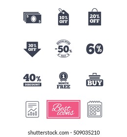 Sale discounts icon. Shopping cart, buying and cash money signs. 40, 50 and 60 percent off. Special offer symbols. Report document, calendar icons. Vector