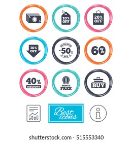 Sale discounts icon. Shopping cart, buying and cash money signs. 40, 50 and 60 percent off. Special offer symbols. Report document, information icons. Vector