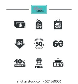 Sale discounts icon. Shopping cart, buying and cash money signs. 40, 50 and 60 percent off. Special offer symbols. Black flat icons. Classic design. Vector