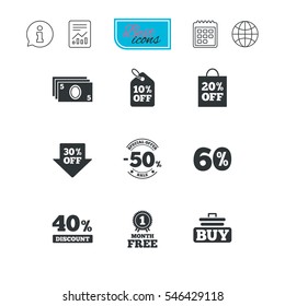 Sale discounts icon. Shopping cart, buying and cash money signs. 40, 50 and 60 percent off. Special offer symbols. Report document, calendar and information web icons. Vector