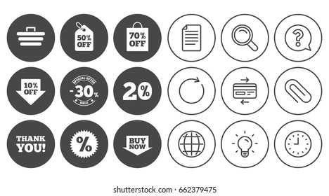 Sale discounts icon. Shopping cart, coupon and buy now signs. 20, 30 and 50 percent off. Special offer symbols. Document, Globe and Clock line signs. Lamp, Magnifier and Paper clip icons. Vector