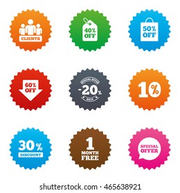 Sale discounts icon. Shopping, clients and speech bubble signs. 20, 30, 40 and 50 percent off. Special offer symbols. Stars label button with flat icons. Vector