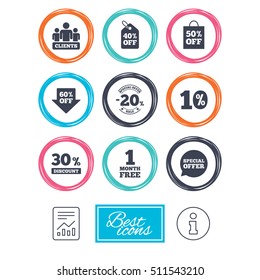 Sale discounts icon. Shopping, clients and speech bubble signs. 20, 30, 40 and 50 percent off. Special offer symbols. Report document, information icons. Vector