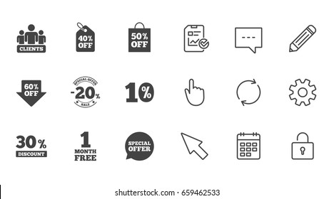 Sale discounts icon. Shopping, clients and speech bubble signs. 20, 30, 40 and 50 percent off. Special offer symbols. Chat, Report and Calendar line signs. Service, Pencil and Locker icons. Vector