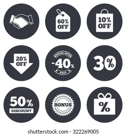 Sale discounts icon. Shopping, handshake and bonus signs. 20, 30, 40 and 50 percent off. Special offer symbols. Gray flat circle buttons. Vector