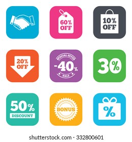 Sale discounts icon. Shopping, handshake and bonus signs. 20, 30, 40 and 50 percent off. Special offer symbols. Flat square buttons. Vector