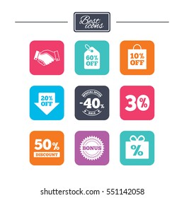 Sale discounts icon. Shopping, handshake and bonus signs. 20, 30, 40 and 50 percent off. Special offer symbols. Colorful flat square buttons with icons. Vector