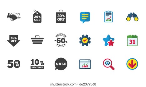 Sale discounts icon. Shopping, handshake and cart signs. 10, 50 and 60 percent off. Special offer symbols. Calendar, Report and Download signs. Stars, Service and Search icons. Vector