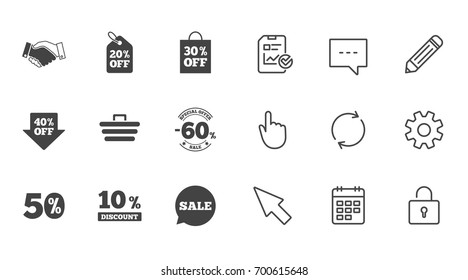 Sale discounts icon. Shopping, handshake and cart signs. 10, 50 and 60 percent off. Special offer symbols. Chat, Report and Calendar line signs. Service, Pencil and Locker icons. Vector