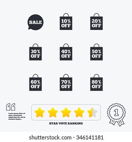 Sale discounts icons. Special offer signs. Shopping bag, price tag symbols. Star vote ranking. Award achievement and quotes.
