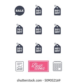 Sale discounts icons. Special offer signs. Shopping price tag symbols. Report document, calendar icons. Vector