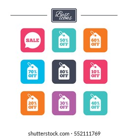 Sale discounts icons. Special offer signs. Shopping price tag symbols. Colorful flat square buttons with icons. Vector