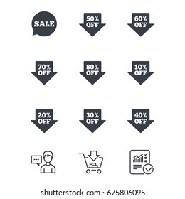Sale discounts icons. Special offer signs. Shopping price tag symbols. Customer service, Shopping cart and Report line signs. Online shopping and Statistics. Vector