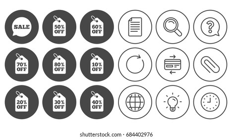 Sale discounts icons. Special offer signs. Shopping price tag symbols. Document, Globe and Clock line signs. Lamp, Magnifier and Paper clip icons. Question, Credit card and Refresh. Vector