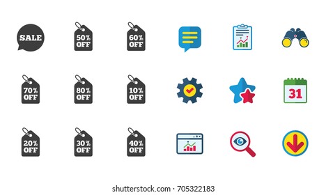 Sale discounts icons. Special offer signs. Shopping price tag symbols. Calendar, Report and Download signs. Stars, Service and Search icons. Statistics, Binoculars and Chat. Vector