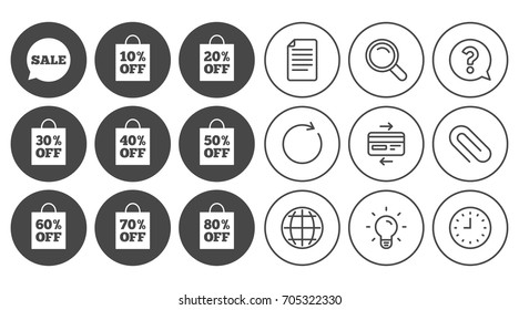Sale discounts icons. Special offer signs. Shopping bag, price tag symbols. Document, Globe and Clock line signs. Lamp, Magnifier and Paper clip icons. Question, Credit card and Refresh. Vector