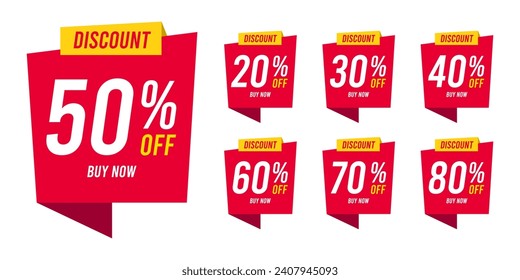 Sale discounts label starting from 20, 30, 40, 50, 60, 70, 80 percent. Trendy red sales promotion banner element. Vector illustration