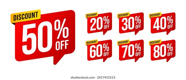 Sale discounts label starting from 20, 30, 40, 50, 60, 70, 80 percent. Trendy red sales promotion banner element. Vector illustration