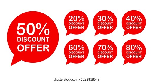 Sale discounts label starting from 20, 30, 40, 50, 60, 70, 80 percent. Trendy red sales promotion banner element. Vector illustration