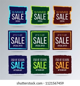 Sale and discounts label, sticker and badge set. End of season poster and banner design.