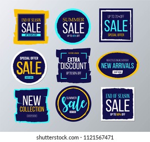 Sale and discounts label, sticker and badge set. End of season poster and banner design.