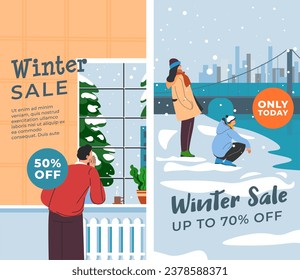 Sale and discounts on products. Start shopping and get best products and items discounted. Warm up your style with winter sale. Promotional banner or advertisement poster, vector in flat style