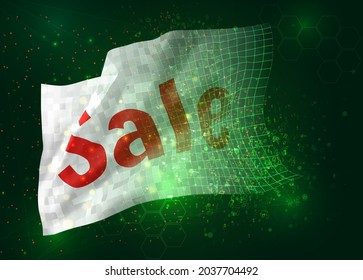 sale and discounts on vector 3d flag on green background with polygons and data numbers