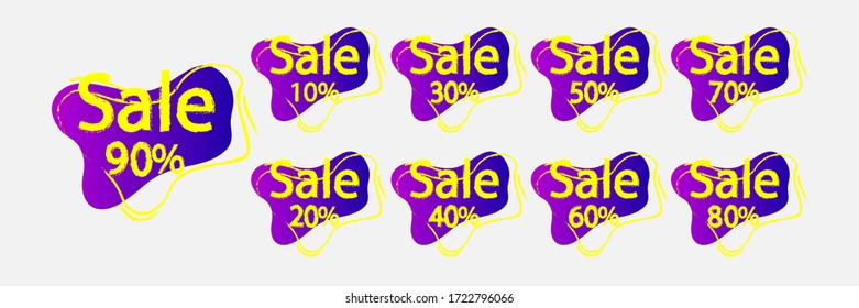 Sale discounts. Price tags 10, 20, 30, 40, 50, 60, 70 percent discount. Vector illustration isolated on white.