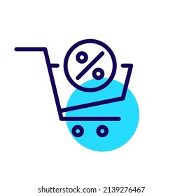 Sale and discounts. Shopping trolley with percent symbol. Pixel perfect, editable stroke icon