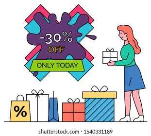 Sale and discounts vector, blot shape banner and woman with present. Shopping female character holding box decorated with wrapping paper. Bag with percentage, reduction and promotions from shops