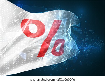 Verkauf und Rabatte, Vektorflagge, virtuelles abstraktes 3D-Objekt aus dreieckigen Polygonen auf blauem Hintergrund