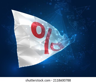 venta y descuentos bandera vectorial, objeto 3D virtual abstracto de polígonos triangulares sobre fondo azul