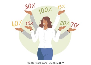 Sale and discounts were announced by multi-armed woman showing numbers symbolizing reduction in prices for goods. Girl offers discounts or recommends investing money with great rewards