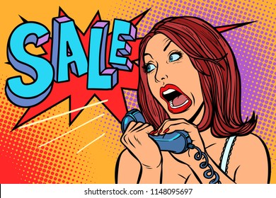 Sale discounts. Woman screams in phone. Comic cartoon pop art retro vector drawing